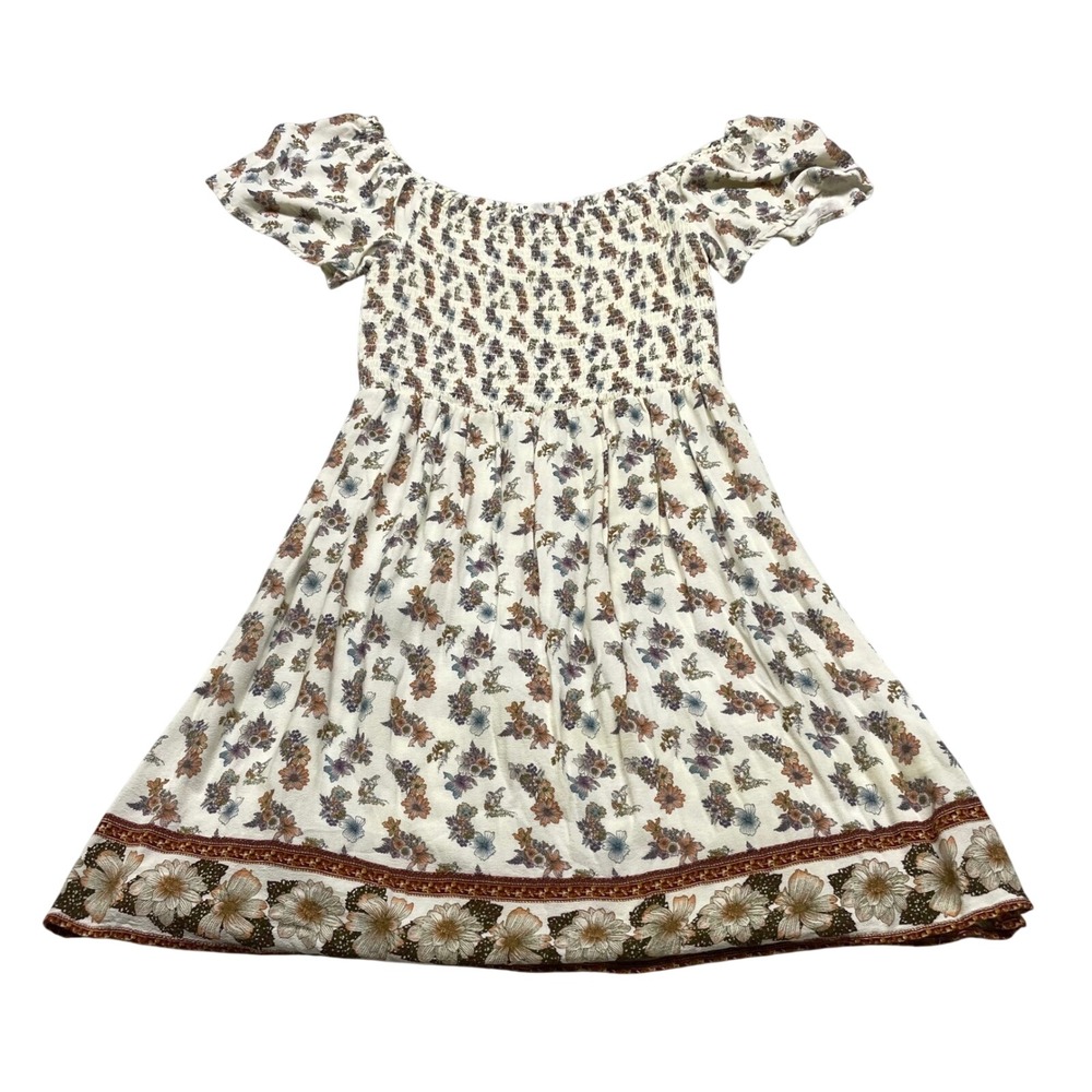Smocked‎ Floral Womens Mini Dress Medium Cream Short Sleeve Boho Cottagecore